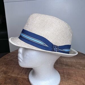 Classic Cream Straw Fedora with Navy Stripe Band